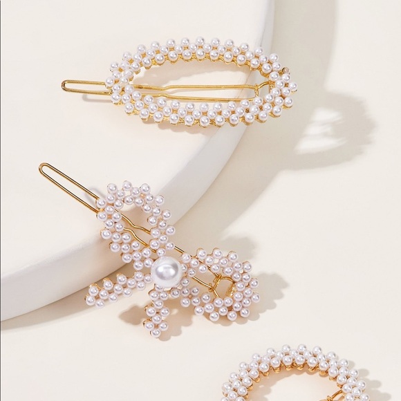 generic Accessories - Faux Beaded Bow  Hair Clip 3pcs ✅